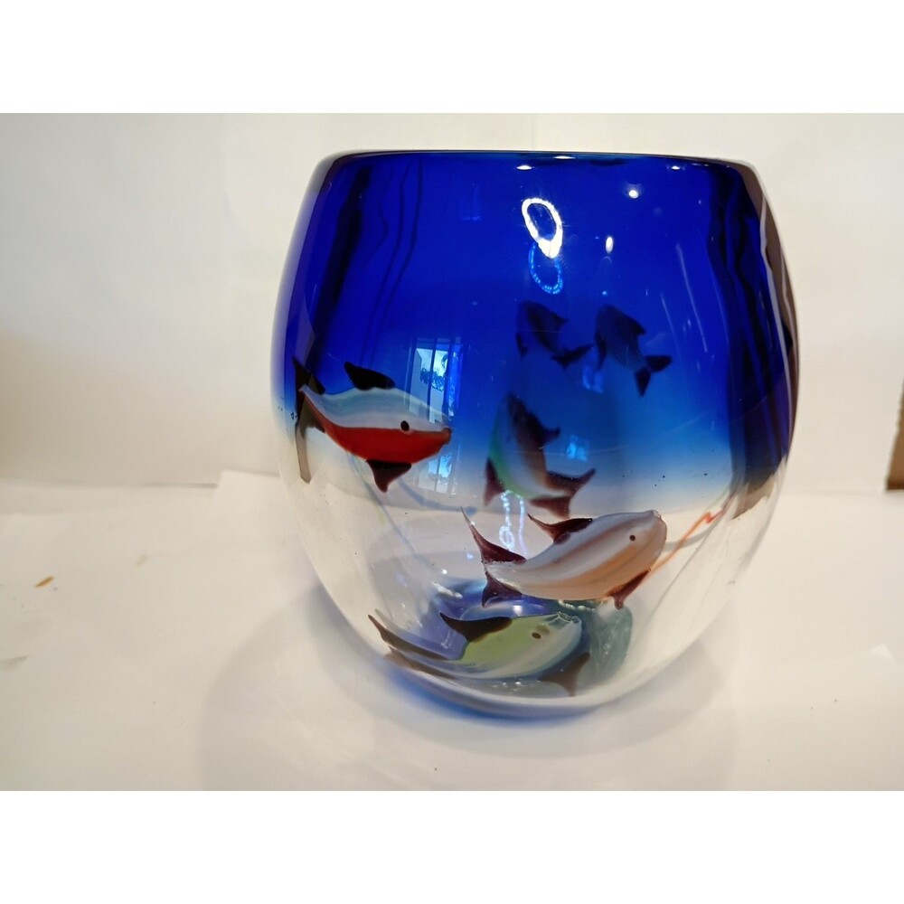 Vintage Murano Style Cobalt Blue Art Glass Fish Aquarium Bowl Vase 4.75 In Tall
